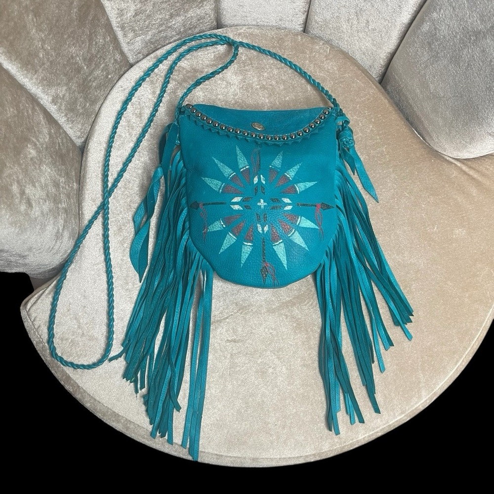 Teal Fringe Shoulder Bag with Southwestern Motif